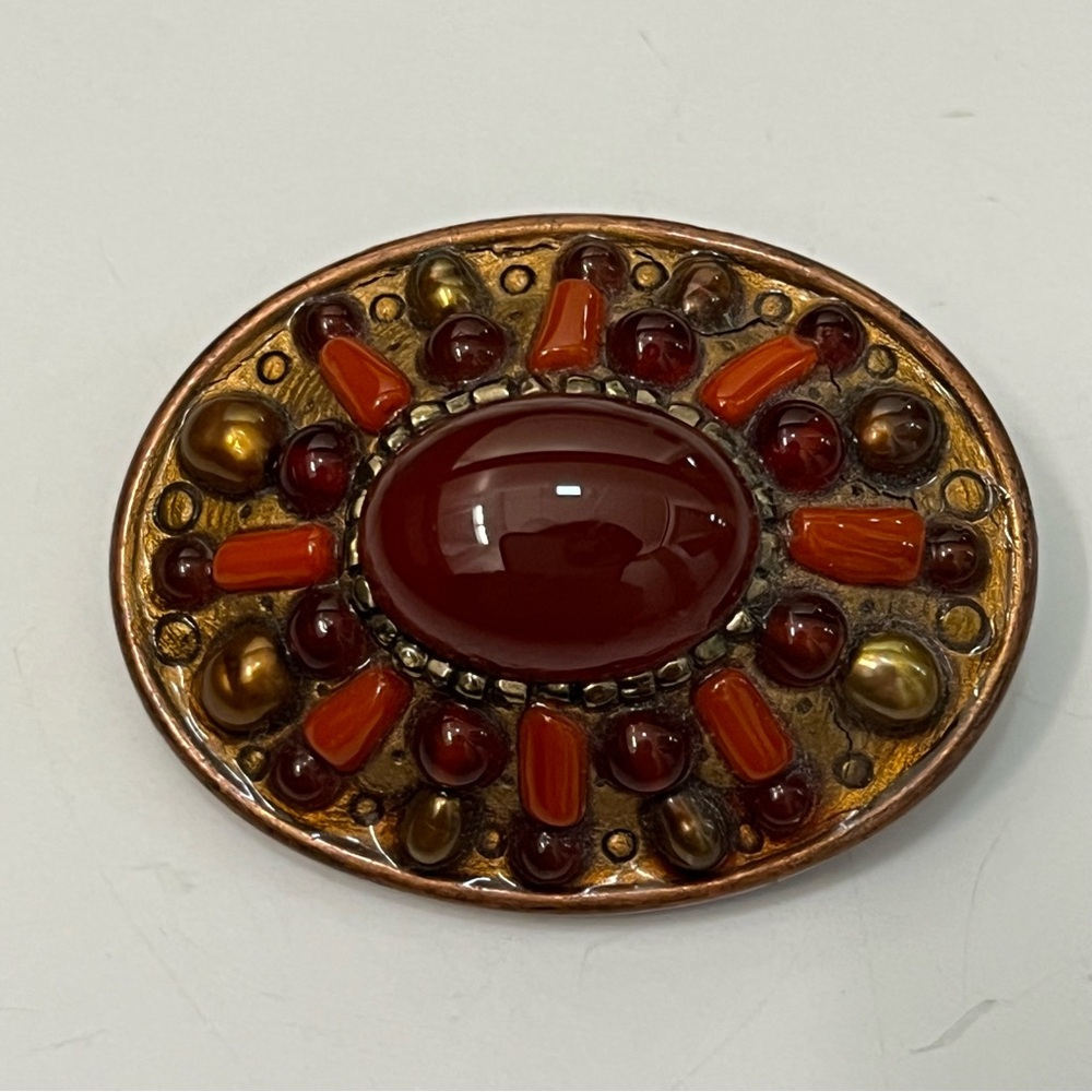 Vintage Designer Michal Golan Signed Brooch Red and Orange Stones Bronze